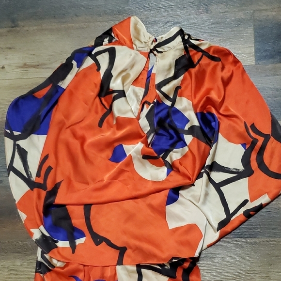 Vibrant Red and Blue Caped Jumpsuit with Abstract Print - Picture 5 of 8